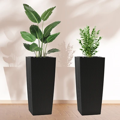 Large Black Faux Rattan Planter with Self-Watering System