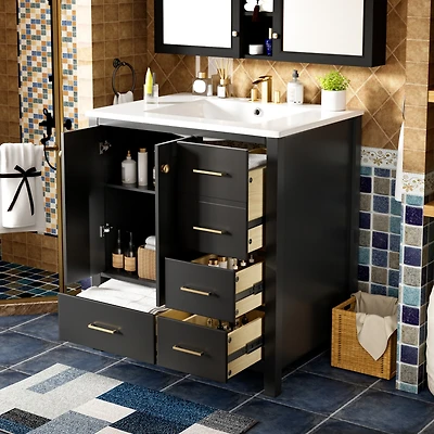 Streamdale 30" Wood Vanity Cabinet Set with Ceramic Sink, Drawers, and Soft-Close Doors