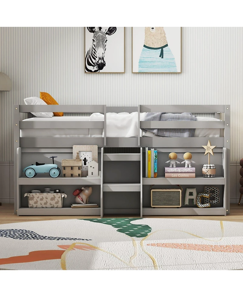 Twin Size Loft Bed with Led Lights with Staircase and Safety Guardrail