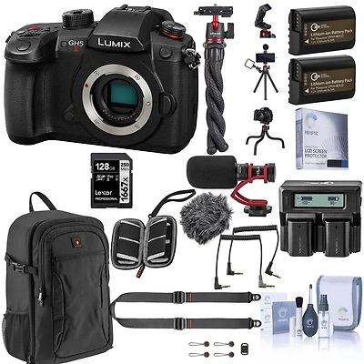 Panasonic Lumix GH5II Mirrorless Camera Bundle with 128GB Sd Card, Backpack, 2x Extra Battery, Dual Charger, Shoulder Strap, Mic, Octopus Tripod and A