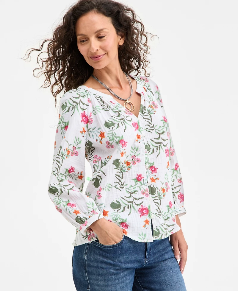 Style & Co Floral-Print Gauze Popover Long-Sleeve Top, Exclusively at Macy's