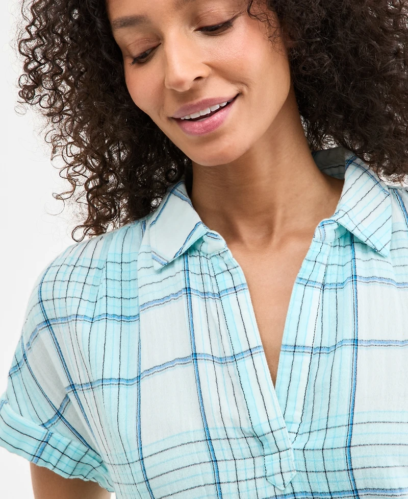 Style & Co Women's Plaid Cotton Gauze Camp Shirt, Exclusively at Macy's