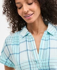 Style & Co Women's Plaid Cotton Gauze Camp Shirt, Exclusively at Macy's
