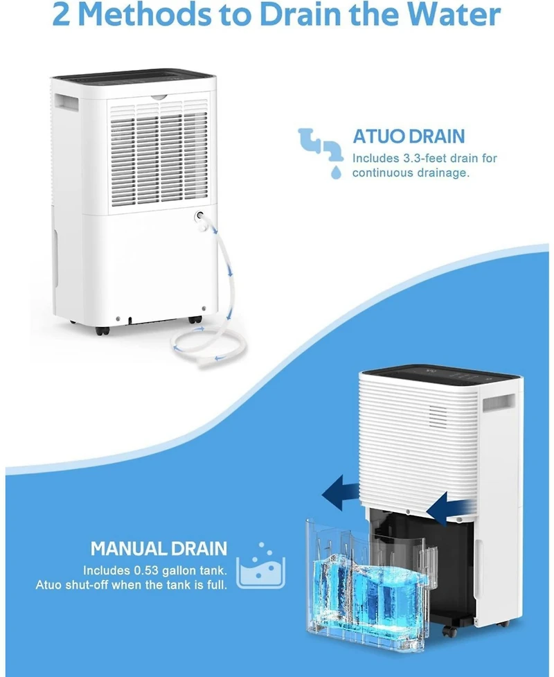 Kismile 45-Pint Dehumidifier for Home, Basement & Large Rooms, White, Auto/Manual Drain, 3 Modes, Auto Defrost, Dry Clothes, 12H Timer