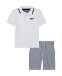Tommy Hilfiger Toddler Boys 2-Piece Signature Polo Shirt and Yarn-Dyed Stripe Oxford Shorts Sets