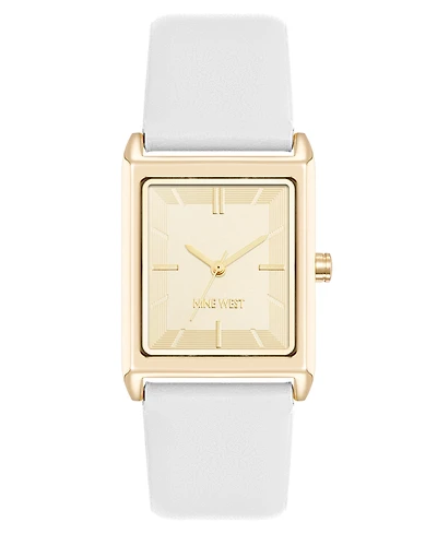 Nine West Women's Quartz Rectangular Gold-Tone and White Polyurethane Leather Band Watch