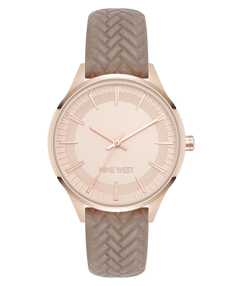 Nine West Women's Quartz Boyfriend Rose Gold-Tone and Tan Polyurethane Leather Band Watch, 35mm