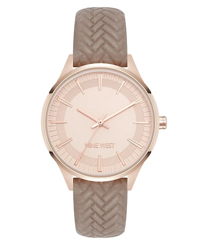 Nine West Women's Quartz Boyfriend Rose Gold-Tone and Tan Polyurethane Leather Band Watch, 35mm