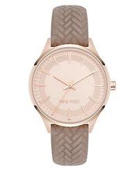 Nine West Women's Quartz Boyfriend Rose Gold-Tone and Tan Polyurethane Leather Band Watch, 35mm