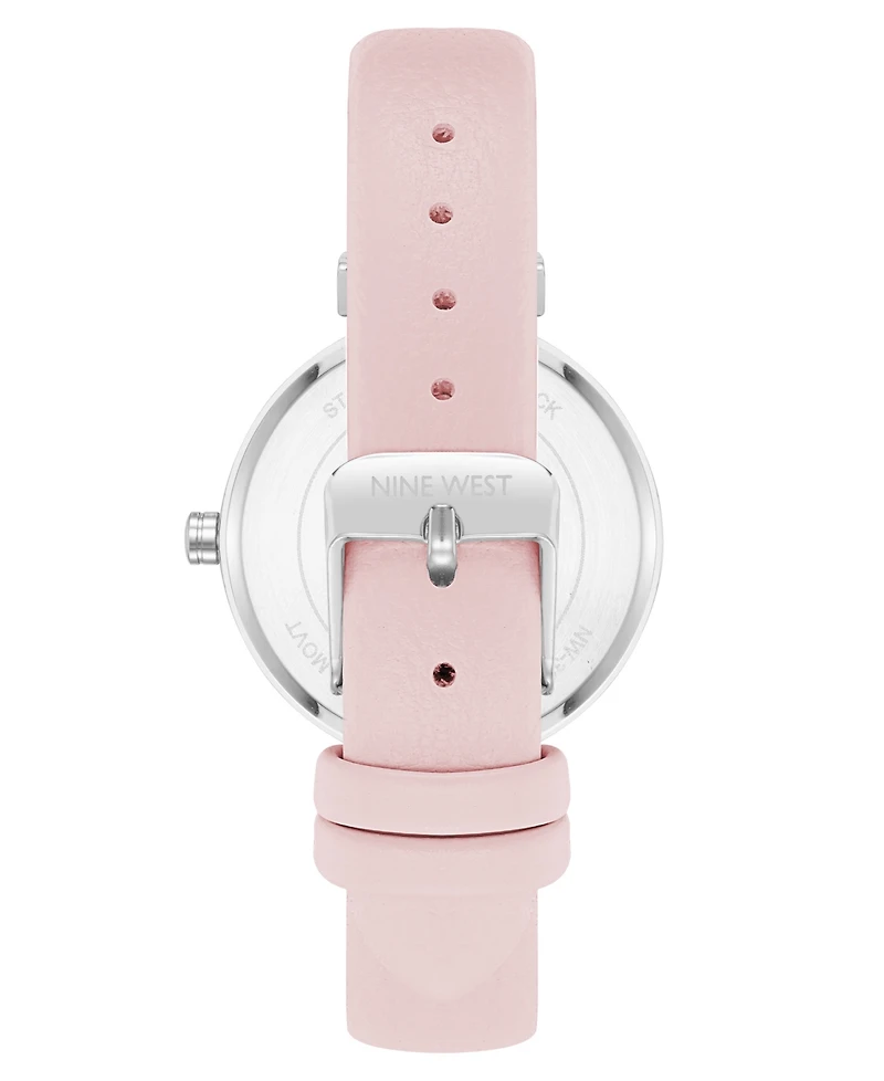 Nine West Women's Quartz Boyfriend Silver-Tone and Light Pink Polyurethane Leather Band Watch, 36mm