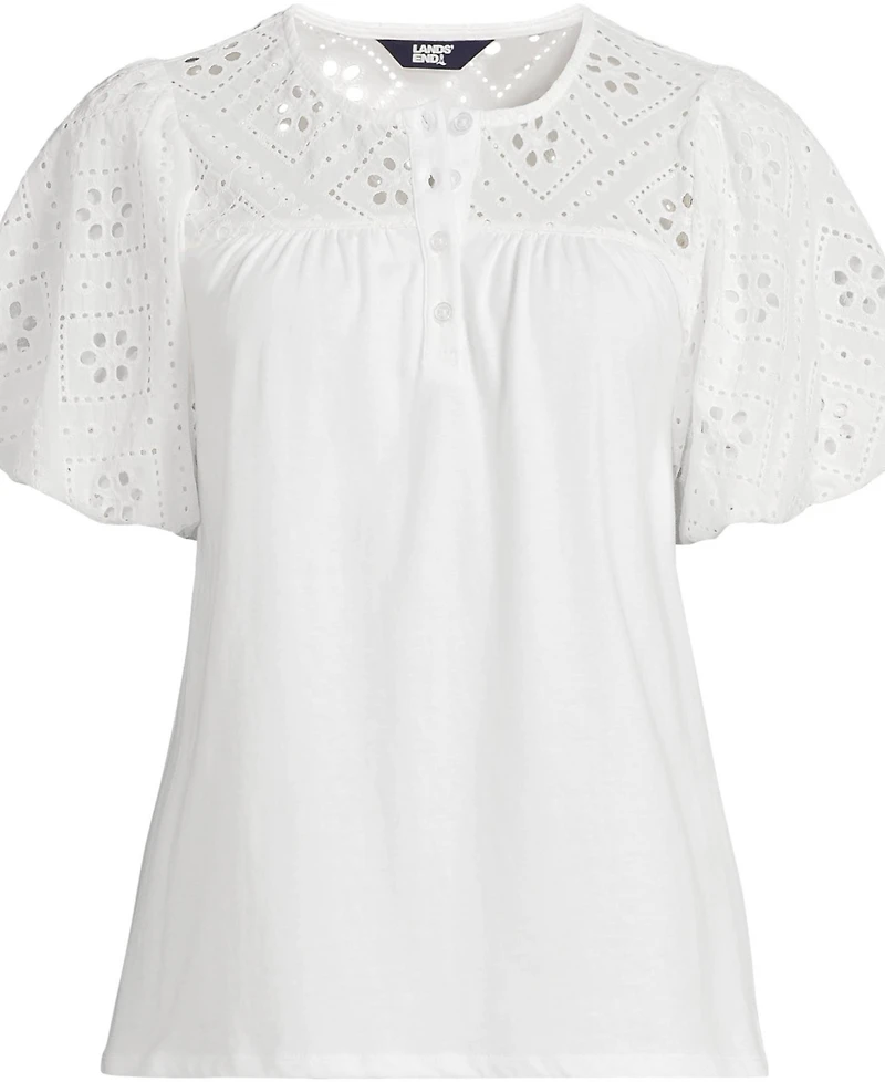 Lands' End Women's Eyelet Crew Puff Sleeve Top