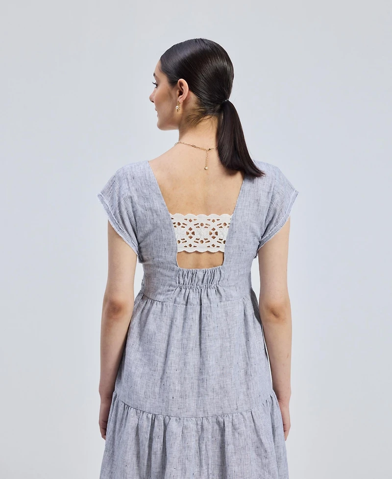 Reistor Women's Gathered Tiered Dress with Front-ties - Linen stripes
