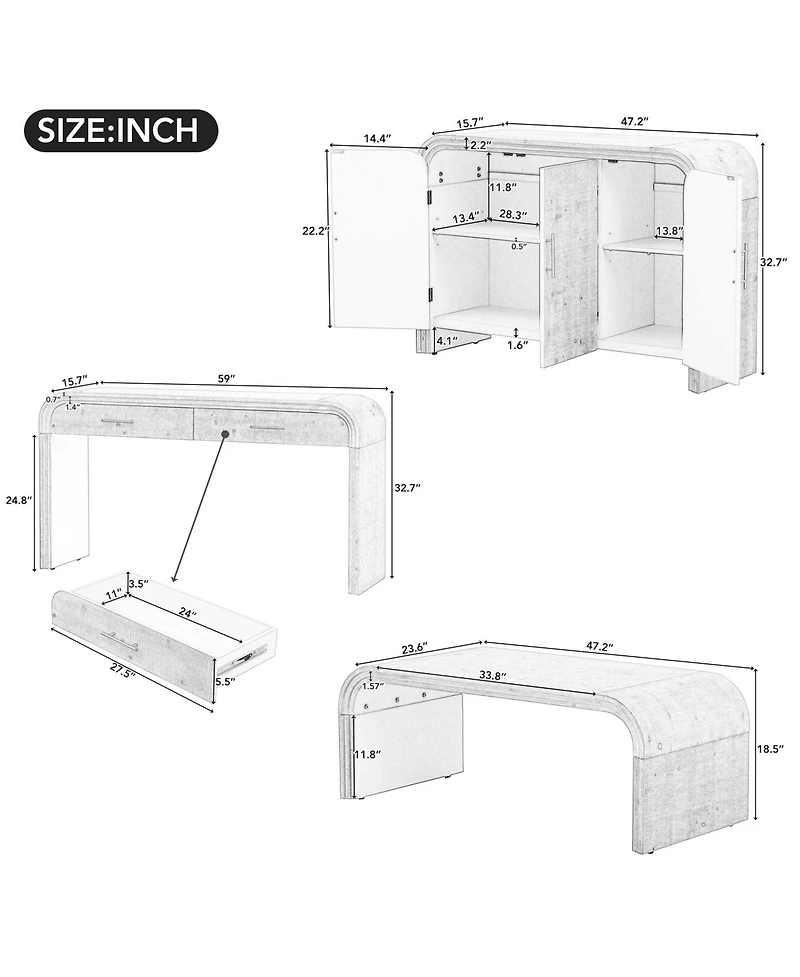 Unique Retro Silhouette Sectional Three-Piece Set Containing Sideboard, Console Table and Coffee
