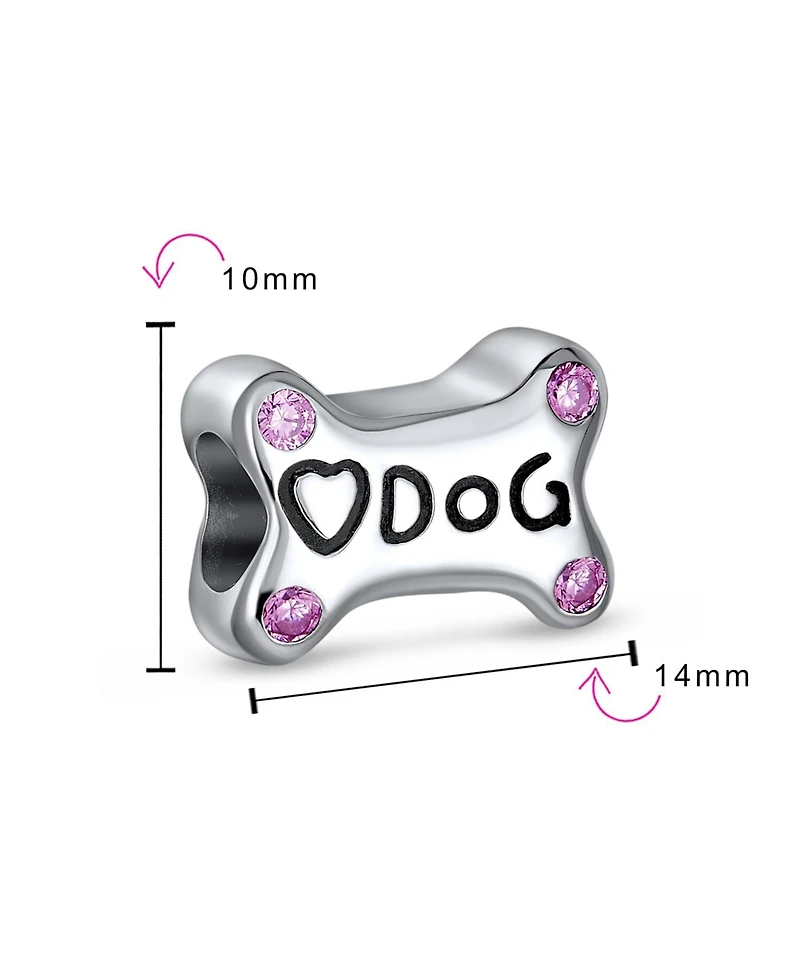 Bling Jewelry Sterling Silver Dog Bone Pink Cz Heart Charm Bead Bracelet Puppy Pet Theme