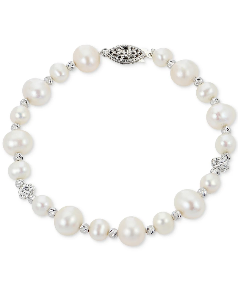 Cultured Freshwater Pearl (5-6 & 8-9mm) & Crystal Bracelet in Sterling Silver