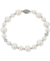 Cultured Freshwater Pearl (5-6 & 8-9mm) & Crystal Bracelet in Sterling Silver