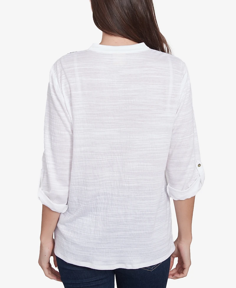 Ruby Rd. Petite Soft Relaxed Textured Trim V-Neck Top