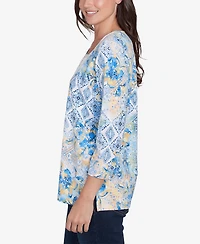 Ruby Rd. Petite Watercolor Floral Patchwork Square Neck Top