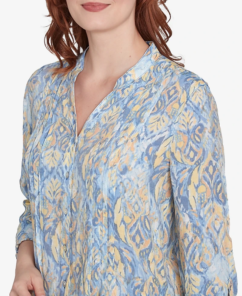 Ruby Rd. Petite Brushed Foulard Button Front Mandarin Collar Top