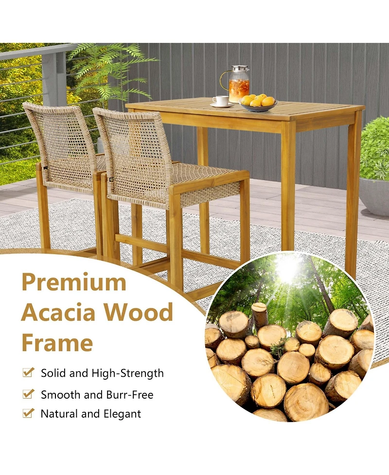 Set of 4 Patio Wood Barstools Rattan Bar Height Chairs with Backrest Porch Balcony