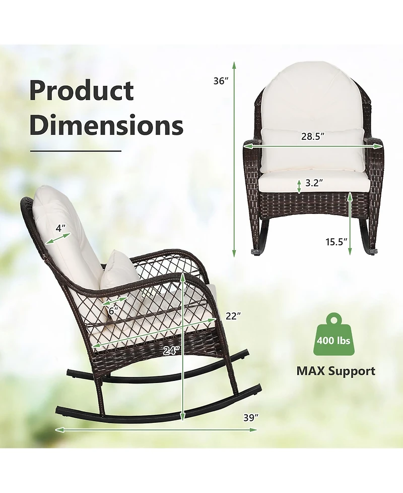 2PCS Patio Wicker Rocking Chair W/Seat Back Cushions & Lumbar Pillow Balcony