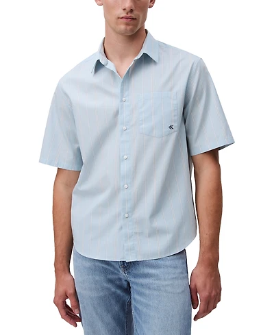 Calvin Klein Men's Relaxed Fit Short Sleeve Poplin Striped Button-Front Shirt