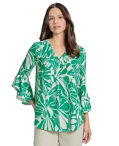 Jones New York Women's Printed Flared-Sleeve Blouse