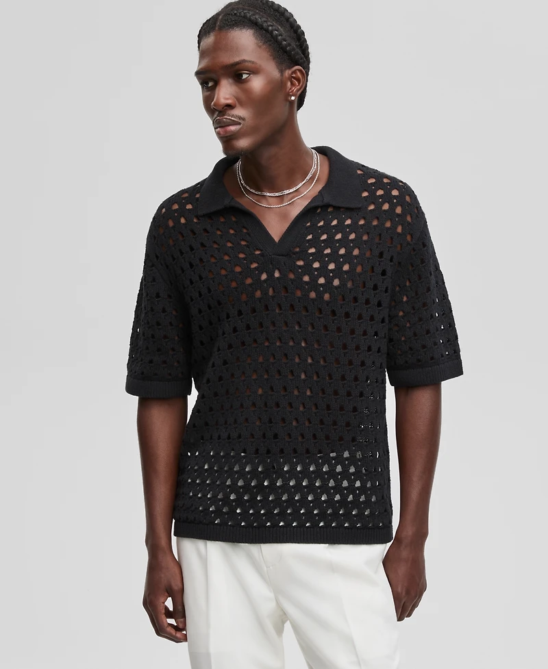 Mode of One Men's Johnny-Collar Open-Stitch Short-Sleeve Sweater, Exclusively at Macy's