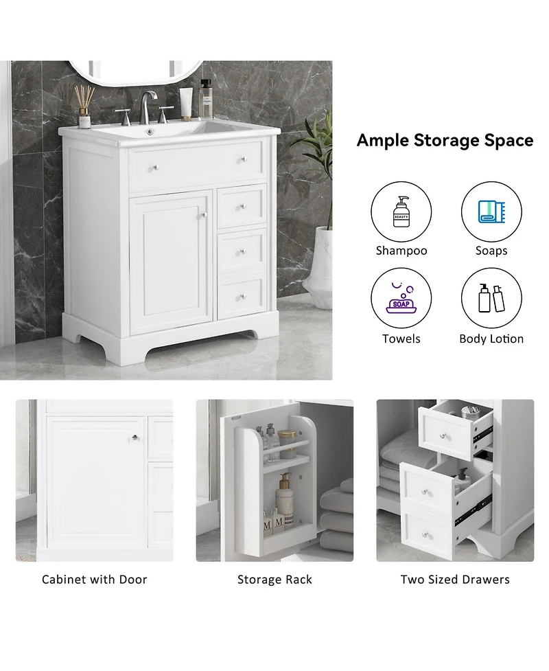 Streamdale 30" White Bathroom Vanity Cabinet with Sink Top and Storage
