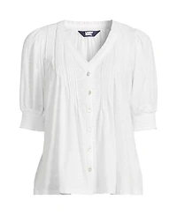Lands' End Women's Button Pintuck Puff Sleeve Top