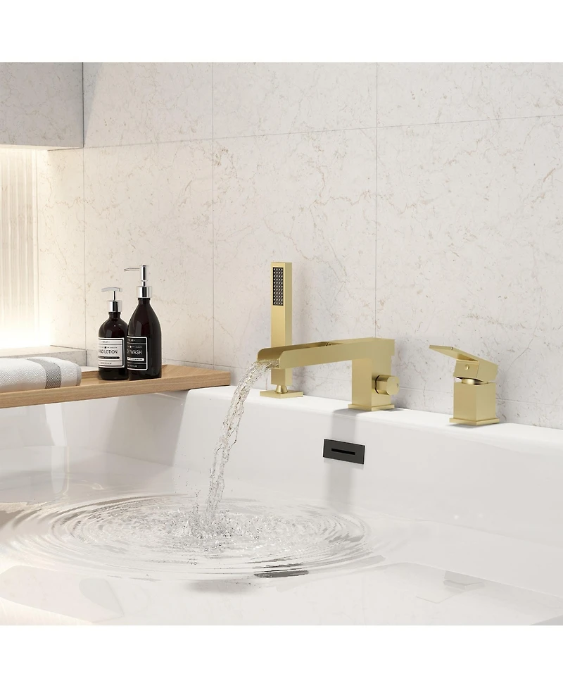 Waterfall Roman Tub Faucet with Hand Shower,Deck Mount Black Bathtub Faucets Brass Filler Bathroom Shower, Brushed Gold