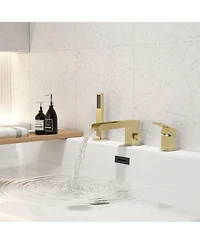 Waterfall Roman Tub Faucet with Hand Shower,Deck Mount Black Bathtub Faucets Brass Filler Bathroom Shower, Brushed Gold