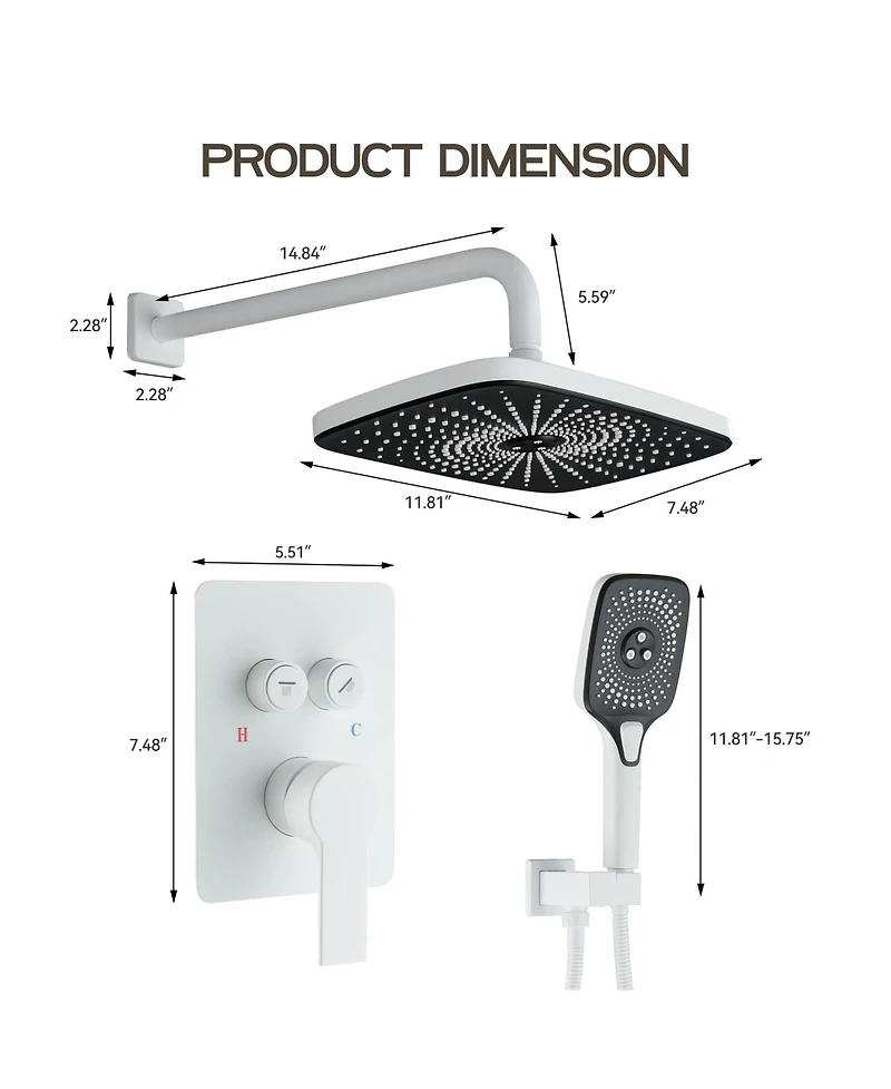 2-Function Shower System, Wall Mounted 10" Rain Shower Head, High-Pressure Luxury Shower Faucet Set with Temperature Display, Matte White