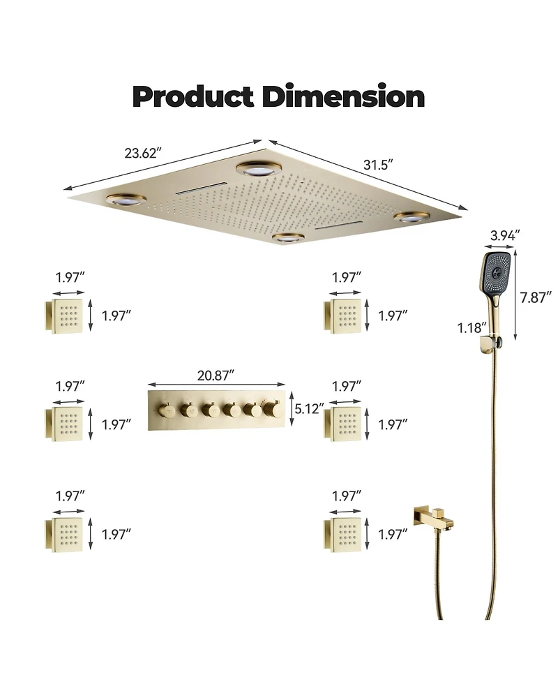 5-Function Luxury Thermostatic Shower System with Body Jets, Led Lights, Rainfall Head, and Handheld Spray, Brushed Gold