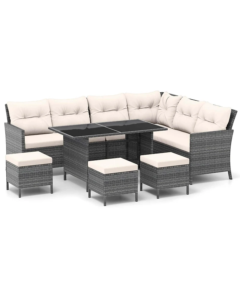 Gymax Set of 7 Dining Furniture Set Pe Rattan Sectional Sofa Set Patio