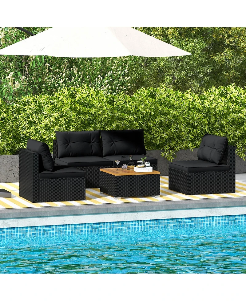 Gymax 5 Piece Outdoor Furniture Set w/ Seat & Back Cushions Acacia Wood Tabletop