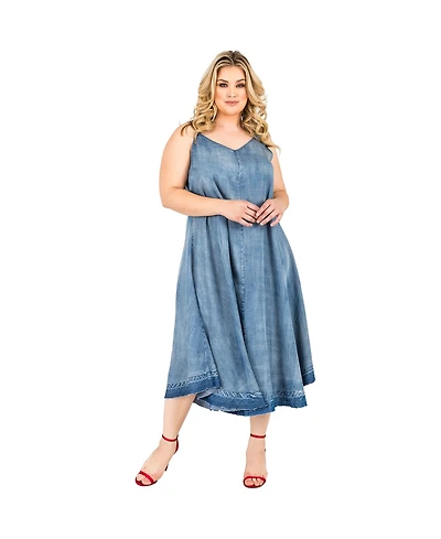 Plus Women's Denim Tencel Raw Hem Midi Slip Dress