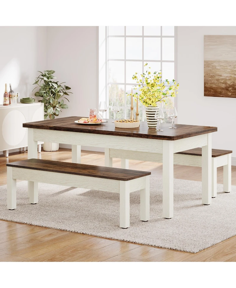 Tribesigns 55-Inch Large Dining Table Set for 4-6, 3 Pieces Wood Kitchen Table with 2 Benches, Rectangular Dinner Room Table Set for Kitchen, Dining R