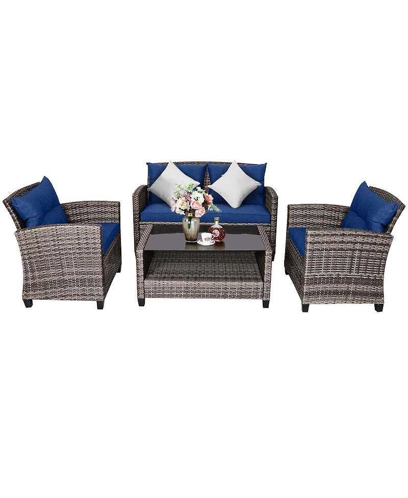 Gymax 8 Pcs Patio Rattan Furniture Set Coffee Table Cushioned Sofa Garden Lawn