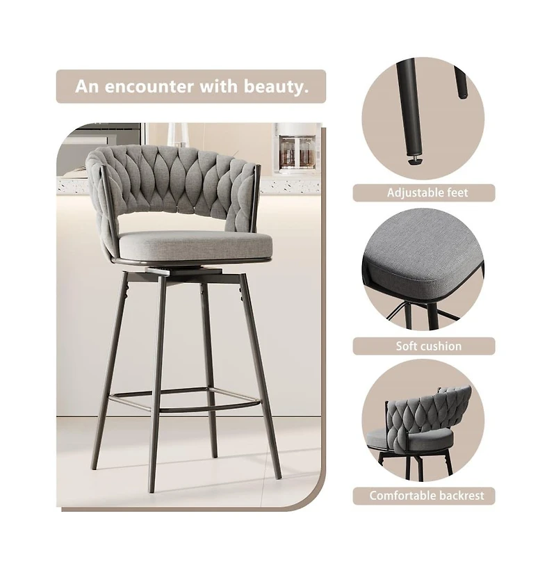 Set of 2 Counter Height Swivel Stools, 26.3 Inch Modern Upholstered Chairs with 360° Rotation and Metal Frame -The Pop Home
