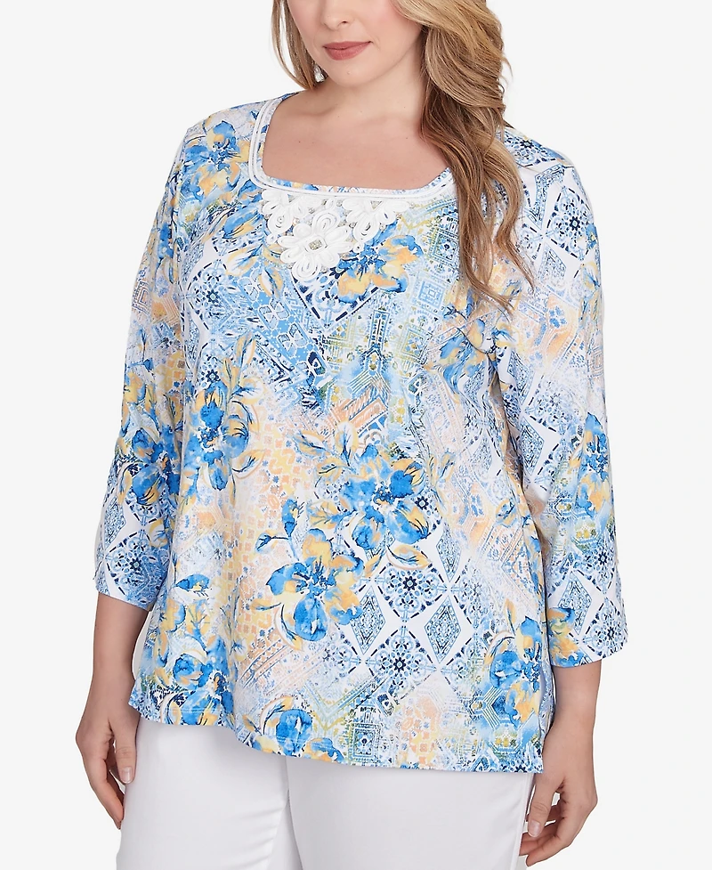 Ruby Rd. Plus Size Watercolor Floral Patchwork 3/4 Sleeve Top