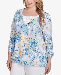 Ruby Rd. Plus Size Watercolor Floral Patchwork 3/4 Sleeve Top