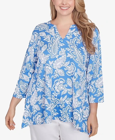 Ruby Rd. Plus Jacobean Paisley Puff Print V-Neck Top