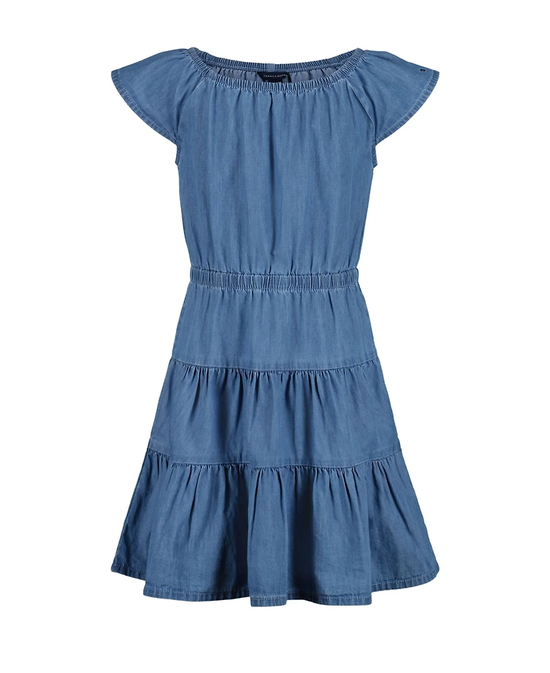 Tommy Hilfiger Big Girls Denim Tiered Flutter Sleeve Dress