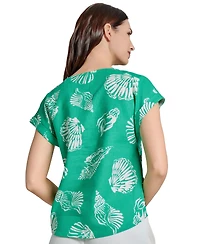 Jones New York Women's Printed Linen-Blend Button-Trim Blouse