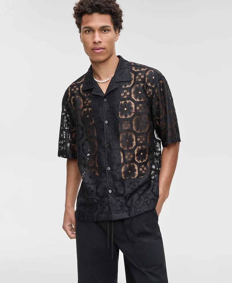 Mode of One Men's Relaxed-Fit Textured Geometric Lace Button-Down Camp Shirt, Exclusively at Macy's