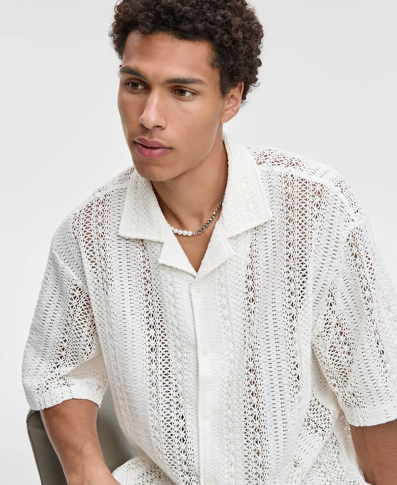 Mode of One Men's Relaxed-Fit Textured Crochet Button-Down Camp Shirt, Exclusively at Macy's