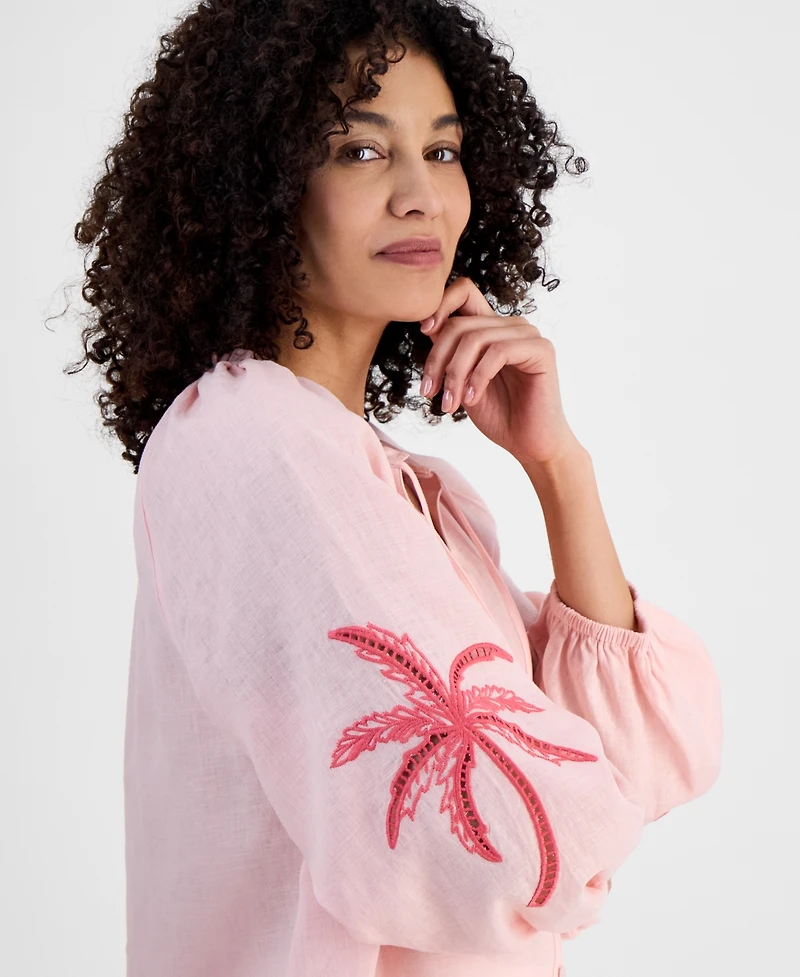 Charter Club Petite 100% Linen Tie-Neck Embroidered-Sleeve Top, Exclusively at Macy's