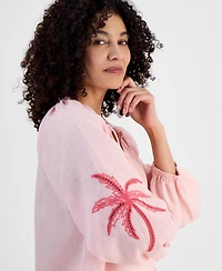 Charter Club Petite 100% Linen Tie-Neck Embroidered-Sleeve Top, Exclusively at Macy's