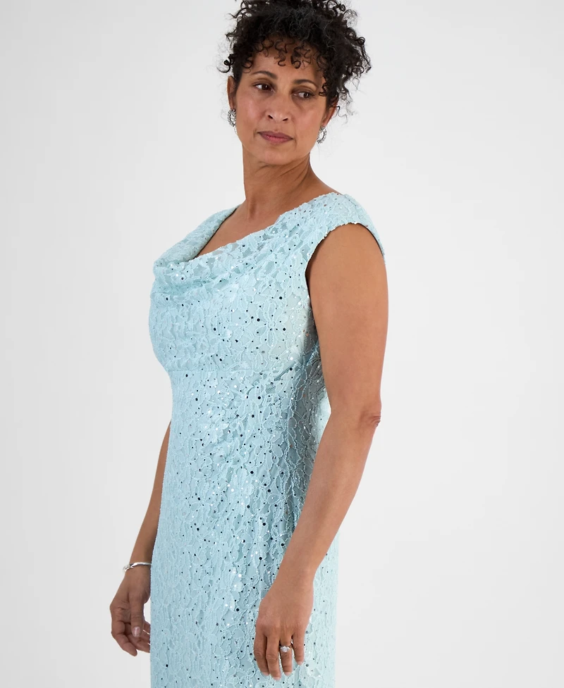 Connected Sequined Lace Cowl-Neck Gown